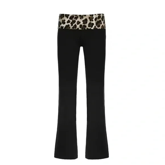 Fold Over Leopard Print Yoga Pants with a Flare Bottom Stretchy Spandex Material - Picture 1 of 3